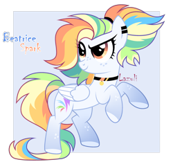 Size: 2810x2635 | Tagged: safe, artist:lazuli, derpibooru import, oc, oc only, pegasus, pony, choker, colored hooves, commission, ear piercing, earring, eyelashes, jewelry, multicolored hair, pegasus oc, piercing, rainbow hair, rearing, signature, simple background, smiling, smirk, solo, transparent background, wings, ych result