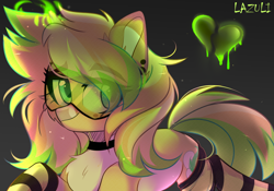Size: 5000x3500 | Tagged: safe, artist:lazuli, derpibooru import, oc, oc only, pony, unicorn, chest fluff, choker, clothes, commission, eye clipping through hair, glasses, glowing horn, gradient background, heart, horn, signature, socks, solo, striped socks, unicorn oc, ych result