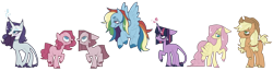 Size: 3776x988 | Tagged: safe, artist:0lijmazz, derpibooru import, applejack, fluttershy, pinkie pie, rainbow dash, rarity, twilight sparkle, unicorn twilight, classical unicorn, earth pony, pegasus, pony, unicorn, alternate design, alternate universe, bags under eyes, cloven hooves, duality, female, floppy ears, jewelry, leonine tail, mane six, mare, messy mane, missing cutie mark, necklace, pinkamena diane pie, simple background, tired, transparent background, unshorn fetlocks