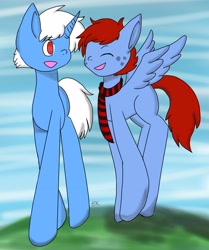 Size: 2448x2929 | Tagged: safe, artist:galacticaries, derpibooru import, oc, oc only, pegasus, pony, unicorn, duo, freckles, horn, necktie, pegasus oc, smiling, unicorn oc, wings