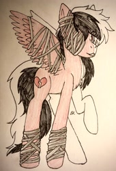 Size: 2354x3457 | Tagged: safe, artist:galacticaries, derpibooru import, oc, oc only, pegasus, pony, bandage, heartbreak, pegasus oc, raised hoof, solo, traditional art, wings