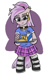 Size: 580x858 | Tagged: safe, artist:jargon scott, oc, oc only, oc:nada phase, earth pony, pony, bipedal, boots, choker, drink, female, fishnet clothing, goth, looking at you, mare, pancakes, plaid skirt, simple background, solo, white background