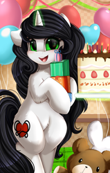 Size: 2550x4009 | Tagged: safe, artist:pridark, oc, oc only, oc:reinina hazard, pony, unicorn, absurd resolution, bipedal, birthday cake, cake, cutie mark, female, food, glowing horn, looking at you, magic, magic aura, mare, open mouth, plushie, present, smiling, solo, telekinesis