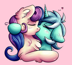 Size: 2324x2085 | Tagged: safe, artist:coco-drillo, derpibooru import, bon bon, lyra heartstrings, sweetie drops, earth pony, pony, unicorn, affection, blushing, caress, chest fluff, colourful, deep kissing, ear blush, ear fluff, eyes closed, female, floppy ears, french kiss, hug, kissing, lesbian, love, lyrabon, messy mane, shipping, simple background, smooch, swirly mane