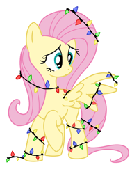 Size: 800x1050 | Tagged: safe, artist:buttonmash, derpibooru import, fluttershy, pegasus, pony, christmas, christmas lights, christmas tree, cute, female, holiday, implied fluttertree, shyabetes, simple background, solo, tangled up, tree, white background