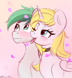 Size: 2812x3064 | Tagged: safe, artist:knochka, derpibooru import, oc, oc:dreamer skies, oc:sweetie shy, alicorn, pegasus, pony, accessory, alicorn oc, blushing, commission, couple, happy, horn, licking, married couple, neck licking, oc x oc, one eye closed, open mouth, pegasus oc, petals, romantic, shipping, shy, smiley face, smiling, tongue out, wings, ych result