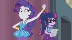 Size: 1920x1080 | Tagged: safe, derpibooru import, screencap, rarity, sci-twi, twilight sparkle, better together, equestria girls, stressed in show, armpits, duo, geode of shielding, geode of telekinesis, magical geodes, rarity peplum dress