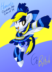Size: 1801x2500 | Tagged: safe, artist:notadeliciouspotato, derpibooru import, oc, oc only, oc:huracata, pegasus, pony, abstract background, bow, cheerleader, cheerleader outfit, clothes, female, leg band, mare, open mouth, pleated skirt, pom pom, skirt, smiling, solo, spread wings, text, wings