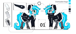 Size: 5508x2480 | Tagged: safe, artist:justafallingstar, derpibooru import, oc, oc:overloaded aegis, pony, robot, robot pony, bowtie, clothes, cybernetic eyes, cybernetic wings, glasses, maid, reference sheet, socks, weapon, wings