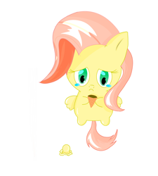 Size: 1800x2000 | Tagged: artist needed, safe, derpibooru import, fluttershy, pegasus, pony, chibi, crying, dropped ice cream, female, food, full face view, hoof hold, ice cream, looking down, sad, simple background, solo, spread wings, teary eyes, white background, wings