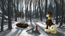 Size: 3920x2205 | Tagged: safe, artist:dezdark, derpibooru import, march gustysnows, bird, pony, coffee, forest, house, mountain, scenery, sled, snow, solo, thermos, tit (bird)