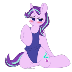 Size: 3000x3000 | Tagged: safe, artist:xcinnamon-twistx, derpibooru import, starlight glimmer, pony, unicorn, blue swimsuit, blushing, clothes, colored sketch, looking at you, one-piece swimsuit, patreon, patreon reward, reward, school swimsuit, sexy, simple background, sketch, solo, swimsuit, transparent background