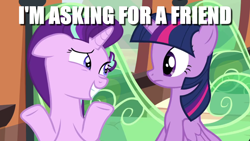 Size: 1906x1074 | Tagged: safe, derpibooru import, edit, edited screencap, screencap, starlight glimmer, twilight sparkle, twilight sparkle (alicorn), alicorn, pony, the crystalling, blatant lies, caption, image macro, shrug, text, train