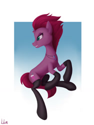 Size: 1181x1574 | Tagged: safe, artist:lin feng, derpibooru import, fizzlepop berrytwist, tempest shadow, pony, unicorn, broken horn, clothes, female, mare, solo, stockings, thigh highs