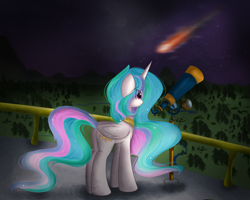 Size: 3612x2893 | Tagged: safe, artist:janelearts, derpibooru import, princess celestia, alicorn, pony, forest, night, scenery, shooting star, solo, stars, telescope