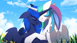 Size: 2500x1406 | Tagged: safe, artist:redchetgreen, derpibooru import, princess celestia, princess luna, alicorn, pony, cute, cutelestia, duo, eyes closed, female, floppy ears, hug, lunabetes, mare, royal sisters, sibling love, siblings, sisterly love, sisters, smiling