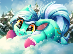 Size: 4000x3000 | Tagged: safe, artist:faline-art, derpibooru import, lyra heartstrings, pony, unicorn, :p, cute, eye clipping through hair, female, happy, hoof gloves, lyrabetes, mare, smiling, snow, tongue out, tree, winter