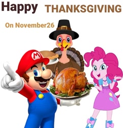 Size: 720x743 | Tagged: safe, artist:eddazzling81, artist:sugar-loop, derpibooru import, pinkie pie, bird, human, equestria girls, barely eqg related, crossover, crossover shipping, female, food, happy thanksgiving 2020, hat, holiday, male, mario, mariopie, nintendo, pilgrim hat, shipping, straight, super mario bros., thanksgiving, turkey