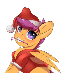 Size: 2750x3250 | Tagged: safe, artist:skitsroom, derpibooru import, scootaloo, pegasus, pony, blushing, candy, candy cane, chest fluff, christmas, clothes, coat, cute, cutealoo, eye clipping through hair, female, filly, food, grin, hat, holiday, looking at you, mouth hold, santa hat, simple background, sitting, smiling, solo, white background