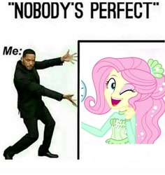 Size: 1434x1520 | Tagged: safe, derpibooru exclusive, derpibooru import, fluttershy, better together, equestria girls, so much more to me, cute, looking at you, meme, nobody's perfect, one eye closed, op is right you know, shyabetes, will smith, wink