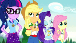 Size: 800x450 | Tagged: safe, derpibooru import, screencap, applejack, fluttershy, pinkie pie, rainbow dash, rarity, sci-twi, spike, spike the regular dog, sunset shimmer, twilight sparkle, dog, equestria girls, legend of everfree, accident, animated, camp everfree outfits, converse, dock, fail, faint, food, humane five, humane seven, humane six, marshmallow, messy hair, pinkie being pinkie, rarity being rarity, shocked, shocked expression, shoes
