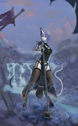 Size: 3209x5184 | Tagged: safe, artist:sa-loony, derpibooru import, oc, oc only, oc:diamond mind, anthro, unguligrade anthro, unicorn, background, clothes, dress, female, garter belt, greatsword, holding, horn, leonine tail, loincloth, looking at you, river, scenery, skull, socks, solo, solo female, standing, sword, thigh highs, tree, unicorn oc, waterfall, weapon