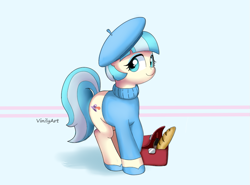 Size: 875x649 | Tagged: safe, artist:vinilyart, derpibooru import, coco pommel, earth pony, pony, alcohol, baguette, beret, bottle, bread, clothes, female, food, french, hat, looking at you, mare, shoes, smiling, solo, sweater, wine, wine bottle