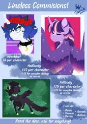 Size: 2480x3507 | Tagged: safe, artist:silentwolf-oficial, derpibooru import, twilight sparkle, twilight sparkle (alicorn), oc, alicorn, pony, wolf, advertisement, collar, commission info, eyes closed, female, floral head wreath, flower, glasses, horn, mare, rose, wings