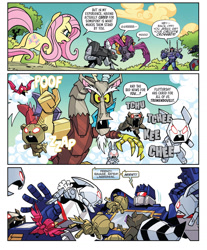 Size: 1988x2396 | Tagged: safe, derpibooru import, idw, discord, fluttershy, bird, draconequus, pegasus, pony, rabbit, raccoon, robot, spoiler:comic, spoiler:friendship in disguise, spoiler:friendship in disguise03, angry, animal, comic, crossover, decepticon, female, frenzy, laserbeak, male, mare, poof, ratbat, ravage, roboticization, soundwave, transformers