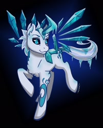 Size: 1620x2018 | Tagged: safe, artist:asumi katsuragi, derpibooru import, pegasus, pony, black sclera, castle cats, crossover, ice, looking at you, male, ponified, raised hoof, smiling, solo, stallion