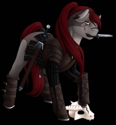 Size: 1189x1280 | Tagged: safe, artist:imreer, derpibooru import, oc, oc only, earth pony, pony, armor, black background, dagger, earth pony oc, eye scar, mouth hold, scar, simple background, skull, solo, sword, weapon