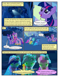 Size: 612x792 | Tagged: safe, artist:newbiespud, derpibooru import, edit, edited screencap, screencap, lyra heartstrings, minuette, princess cadance, twilight sparkle, twinkleshine, unicorn twilight, alicorn, pony, unicorn, comic:friendship is dragons, a canterlot wedding, cave, comic, female, floral head wreath, flower, glowing eyes, looking up, mare, mind control, open mouth, screencap comic, smiling, starry eyes, wingding eyes