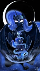 Size: 720x1280 | Tagged: safe, artist:evedizzy26, derpibooru import, nightmare moon, princess luna, alicorn, pony, crescent moon, duality, featured image, female, glowing eyes, magic, mare, moon, night, spread wings, transformation, wing claws, wings