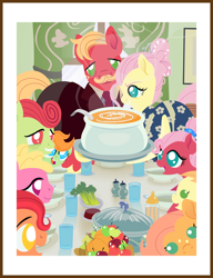 Size: 1518x1980 | Tagged: safe, anonymous artist, derpibooru import, big macintosh, fluttershy, oc, oc:apple flutter, oc:apple sorbet, oc:crabapple cider, oc:late riser, oc:pink lemonade, oc:pink pearl apple, oc:summer breeze, earth pony, pegasus, pony, series:fm holidays, alternate hairstyle, apple, apron, baby, baby bottle, baby pony, bowl, celery, clothes, colt, cranberry sauce, dress, drink, facial hair, family, female, filly, fine art parody, fluttermac, food, freedom from want, glass of water, holiday, lineless, looking at you, male, mare, moustache, necktie, no pupils, norman rockwell, offspring, older, parent:big macintosh, parent:fluttershy, parents:fluttermac, pear, pumpkin, pumpkin soup, shipping, soup, stallion, straight, suit, thanksgiving, tooth gap