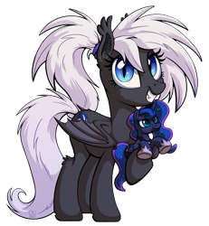 Size: 1992x2160 | Tagged: safe, artist:pirill, derpibooru import, princess luna, oc, oc only, oc:stargazer, bat pony, pony, 2021 community collab, bat wings, cutie mark, derpibooru community collaboration, ear fluff, fangs, female, grin, hair tie, looking at you, mare, plushie, ponytail, simple background, slit eyes, smiling, solo, standing, transparent background, wings