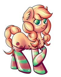 Size: 2000x2494 | Tagged: safe, artist:coco-drillo, derpibooru import, applejack, earth pony, pony, alternate hairstyle, braid, braided tail, chest fluff, clothes, crossed hoov, cute, ear fluff, freckles, hatless, high res, holiday, looking at you, missing accessory, simple background, smiling, socks, solo, standing, stockings, striped socks, thigh highs, transparent background