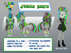 Size: 4220x3132 | Tagged: safe, artist:anri, derpibooru import, oc, oc only, oc:jungle beatz, hybrid, kirin, zebra, equestria girls, anklet, belt, boots, chains, clothes, equestria girls-ified, female, fishnets, multicolored hair, nose piercing, nose ring, piercing, reference sheet, shirt, shoes, skirt, solo, stockings, t-shirt, thigh highs