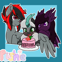 Size: 2000x2000 | Tagged: safe, artist:pastel-pony-princess, derpibooru import, oc, oc only, oc:abyssal hart, oc:akasa, oc:serendypity, kirin, original species, pegasus, pony, birthday, cake, food, hug, kirin oc, trio, winghug