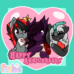 Size: 2100x2100 | Tagged: safe, artist:pastel-pony-princess, derpibooru import, oc, oc only, oc:abyssal hart, oc:akasa, oc:serendypity, kirin, original species, pegasus, pony, anniversary, bust, envelope, heart, hoof hold, kirin oc, mouth hold, trio