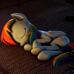 Size: 2160x2160 | Tagged: safe, artist:psfmer, derpibooru import, rainbow dash, pegasus, pony, 3d, carpet, curled up, cute, dashabetes, female, mare, open mouth, rug, sfm pony, sleeping, solo, source filmmaker