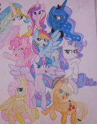 Size: 720x916 | Tagged: safe, artist:chewy-tartz, artist:fluffernutters16, derpibooru exclusive, derpibooru import, applejack, fluttershy, pinkie pie, princess cadance, princess celestia, princess luna, rainbow dash, rarity, twilight sparkle, twilight sparkle (alicorn), alicorn, earth pony, pegasus, pony, unicorn, traditional art