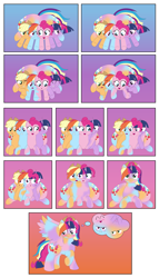 Size: 1711x3000 | Tagged: safe, artist:mlpconjoinment, derpibooru import, applejack, pinkie pie, rainbow dash, twilight sparkle, oc, earth pony, pegasus, pony, unicorn, blushing, butt, comic, commissioner:bigonionbean, conjoined, cowboy hat, cutie mark, embarrassed, extra thicc, female, flank, fused, fusion, hairband, hat, large butt, mare, merge, merging, plot, stetson, thicc ass, thought bubble, varying degrees of amusement, writer:bigonionbean