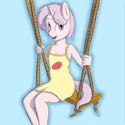 Size: 4001x4001 | Tagged: safe, artist:heretichesh, artist:sagey, derpibooru import, oc, oc only, oc:red pill, anthro, pony, unicorn, anthro oc, clothes, cutie mark clothes, dress, female, filly, happy, open mouth, rope swing, simple background, solo, swing