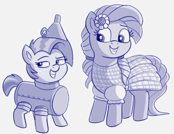 Size: 1672x1290 | Tagged: safe, artist:heretichesh, derpibooru import, babs seed, sunflower (character), earth pony, pony, clothes, costume, dorothy, female, freckles, funnel, halloween, holiday, metal, monochrome, nightmare night, plaid, siblings, sisters, sketch, smiling, smug, the wizard of oz, tin, tin man