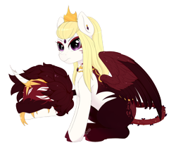 Size: 1024x842 | Tagged: safe, artist:nekoremilia1, derpibooru import, oc, oc only, oc:carmilla and justice, original species, pegasus, pony, augmented tail, broken horn, crown, female, horn, jewelry, primal plant pony, regalia, simple background, solo, transparent background