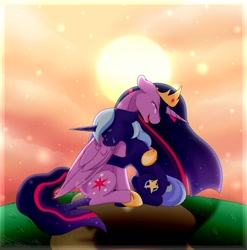 Size: 1024x1038 | Tagged: safe, artist:nekoremilia1, derpibooru import, princess twilight 2.0, twilight sparkle, twilight sparkle (alicorn), oc, alicorn, pony, unicorn, the last problem, commission, crown, crying, ethereal mane, hug, jewelry, regalia, starry mane, sun, sunset, tears of joy