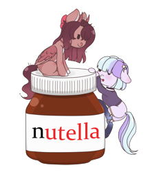 Size: 1024x1141 | Tagged: safe, artist:nekoremilia1, derpibooru import, earth pony, pegasus, pony, bow, chibi, clothes, food, horn, nutella, product placement, simple background, stockings, thigh highs, transparent background