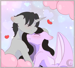 Size: 1659x1516 | Tagged: safe, artist:nekoremilia1, derpibooru import, oc, oc:chia scarlet, oc:quietmoon, bat pony, pony, undead, unicorn, vampire, vampony, couple, love