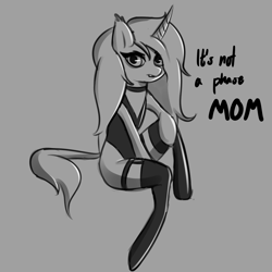 Size: 2000x2000 | Tagged: safe, artist:plaguemare, derpibooru import, oc, oc only, oc:cornelia zante vandelia, pony, unicorn, choker, clothes, dialogue, doodle, eyeliner, female, goth, gothic, leotard, long hair, makeup, mare, monochrome, simple background, sitting, sketch, socks, solo, thigh garters, thigh highs