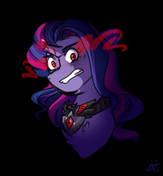 Size: 661x714 | Tagged: safe, artist:gallantserver, derpibooru import, oc, oc:equestrian magic, pony, unicorn, alicorn amulet, broken horn, bust, dark magic, female, horn, magic, magical lesbian spawn, mare, offspring, parent:rarity, parent:twilight sparkle, parents:rarilight, portrait, solo